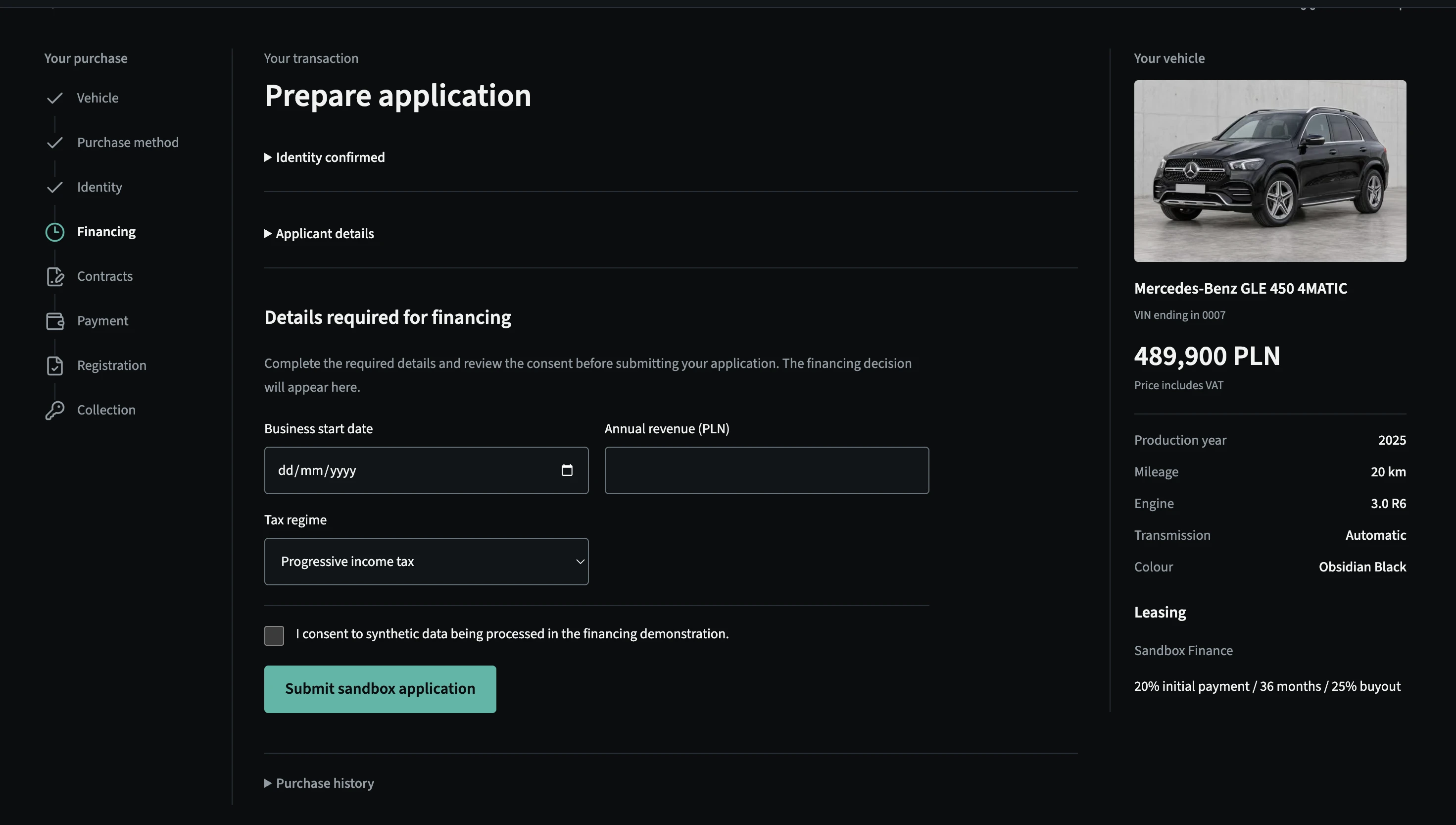 Narell financing application with confirmed identity, applicant details, business information and vehicle summary