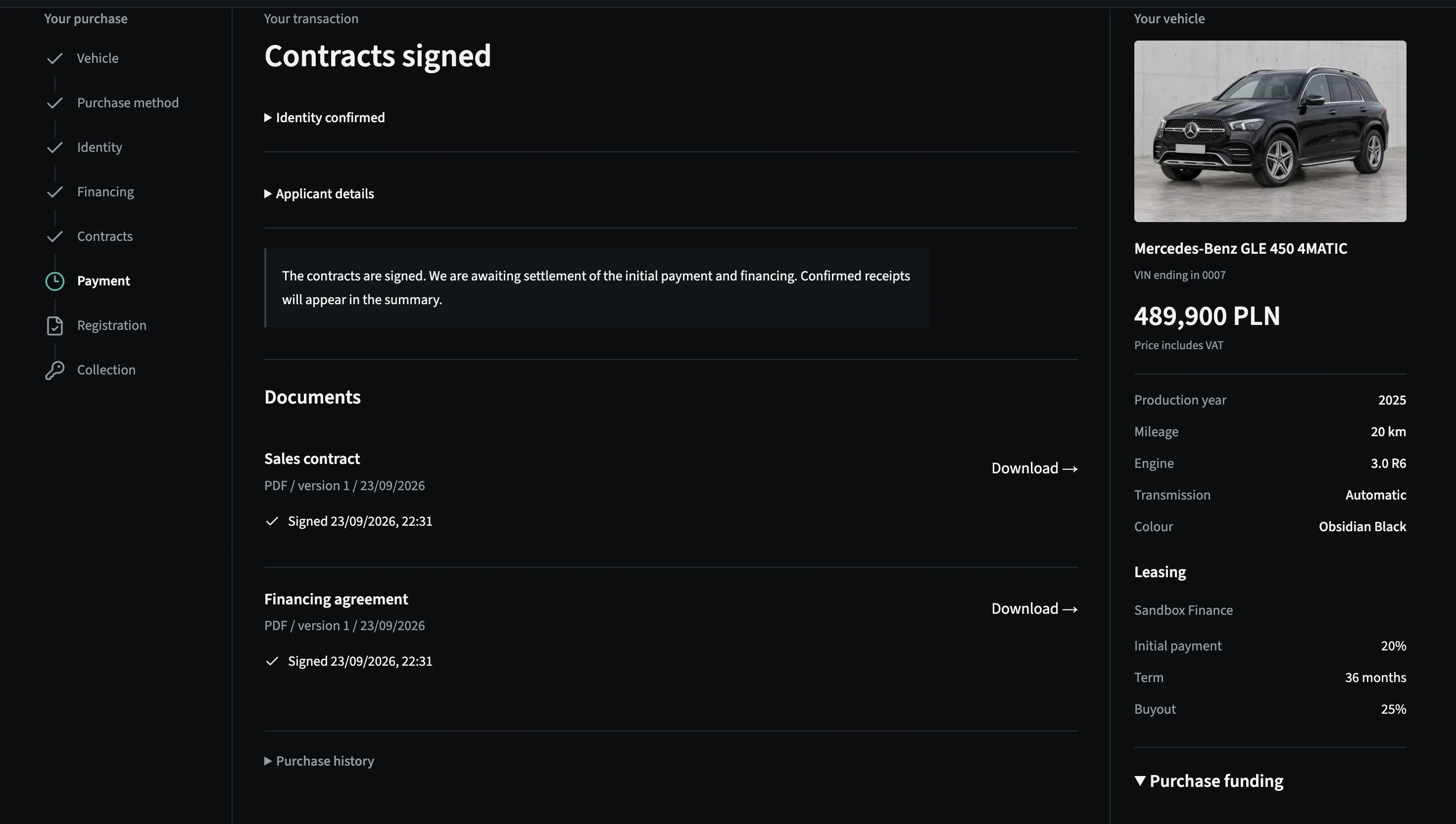Narell purchase after signing, with downloadable contracts, signature dates and financing summary