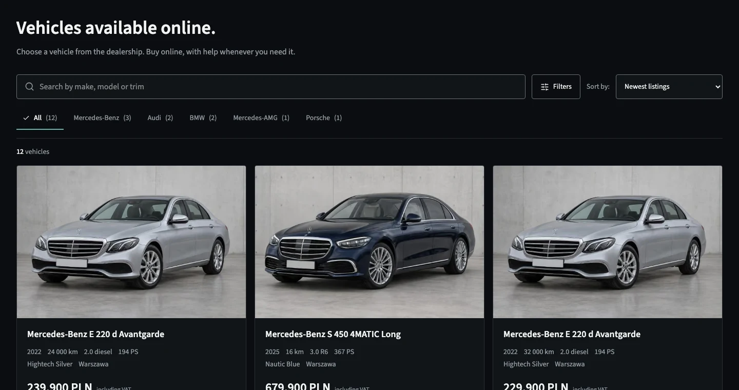 Narell dealership inventory with vehicle search, make filters and individual vehicle prices
